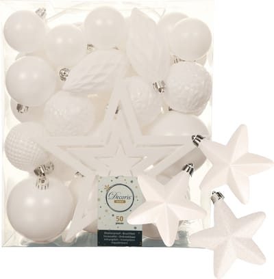 Kerstballen, kerstornamenten en piek - 56x stuks - wit - kunststof