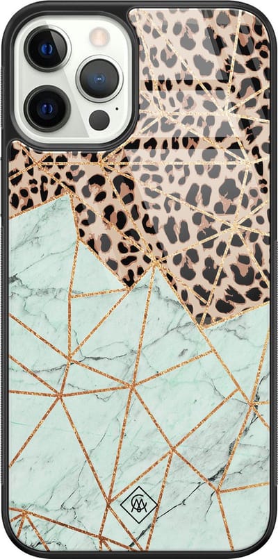 Casimoda® hoesje - Geschikt voor iPhone 12 Pro - Luipaard Marmer Mint - Luxe Hard Case Zwart - Backcover telefoonhoesje - Bruin