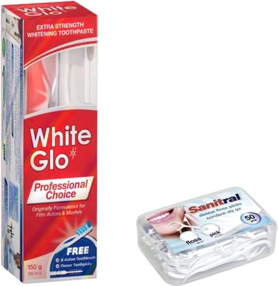 White Glo Professional Choice extra sterke tandpasta 100 ml + tandenborstel (inclusief Sanitral 50 flosssticks)