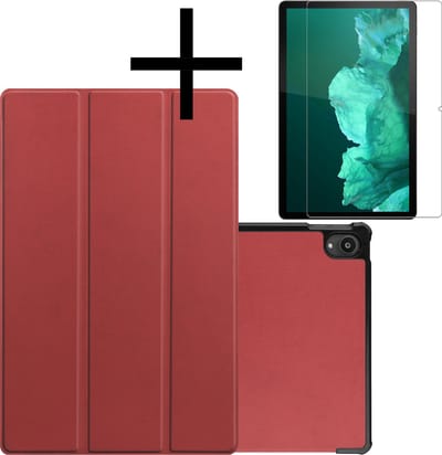 Hoes - Geschikt voor Lenovo Tab P11 - Met Screenprotector - Trifold Bookcase - Hard Cover - Hardcover Book Case - Tablet Hoesje - Donkerrood