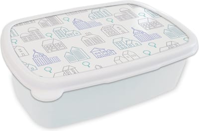Broodtrommel Wit - Lunchbox - Brooddoos - Skyline - Patronen - Huis - 18x12x6 cm - Volwassenen