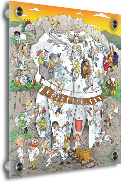 Tandarts Cartoon op plexiglas - Uniek ontwerp - Roland Hols - Kies - 30 x 40 cm - 5 mm dik - inclusief 4 afstandhouders chroom (zilverkleurig) - Decoratie - Orthodontist - Mondhygiënist