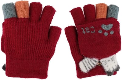 Vingerloze handschoenen voor kinderen met knoopflap, warme gebreide winterhandschoenen, pluche voering en schattige konijnenlook in kat-rood