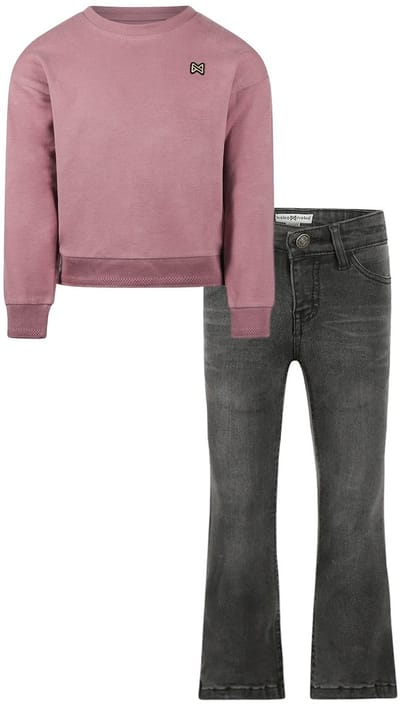Koko Noko - Kledingset - Basic Collection - Bio Cotton - Dark grey Jeans flared - Sweater with crewneck dropped shoulder Mauve - Maat 92