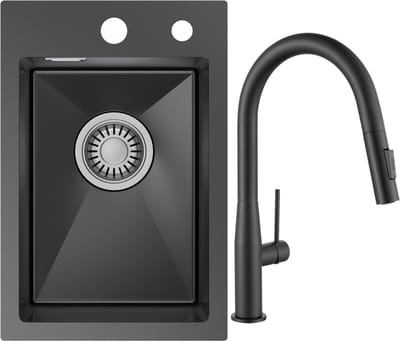 CECIPA max Spoelbak 30x45 cm - Spoelbak Keuken Antraciet - Spoelbakken Keuken Met Keukenkraan met Uittrekbare Uitloop - Wasbak Keuken - incl. Afvoerzeefje en Sifon