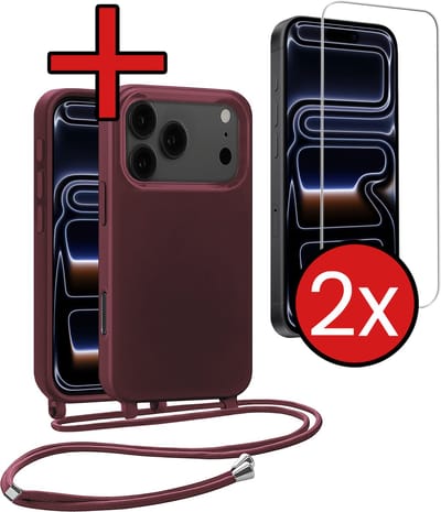 Hoesje Geschikt voor iPhone 17 Pro / 18 Pro Hoesje Siliconen Case Met Koord Met 2x Screenprotector - Hoes Geschikt voor iPhone 17 Pro / 18 Pro Hoesje Backcover Met Telefoonkoord - Aubergine