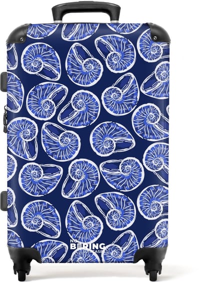 NoBoringSuitcases.com - Grote koffer - Blauwe schelpen patroon - Kinderkoffer geschikt voor jongen en meisjes - Reiskoffer met 4 wielen - Trolley op wieltjes - Rolkoffer groot kinderen - 72 liter - Ruimbagage valies 20kg