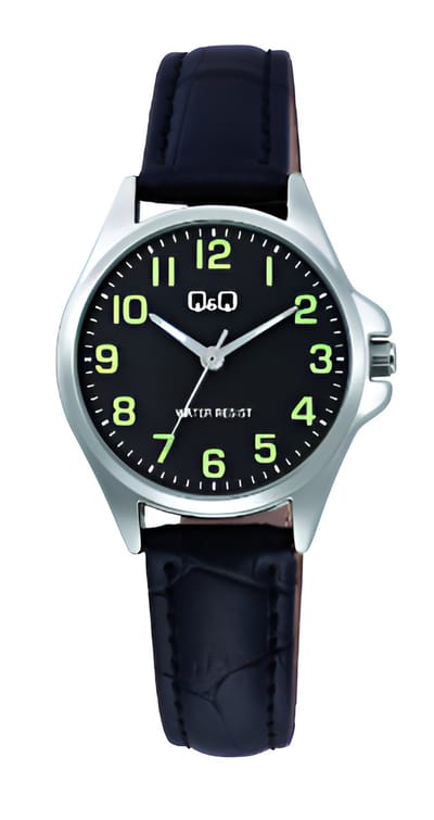 Q&Q C37A-014PY-Horloge-Dames-Zilverkleurig-Duidelijke wijzerplaat-Zwart lederen band