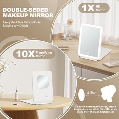 Make-up Spiegel met Verlichting en Dimbare LED – 1X / 10X Vergroting, Oplaadbaar en Opvouwbaar, Draagbare Reisspiegel met 3 Lichtkleuren