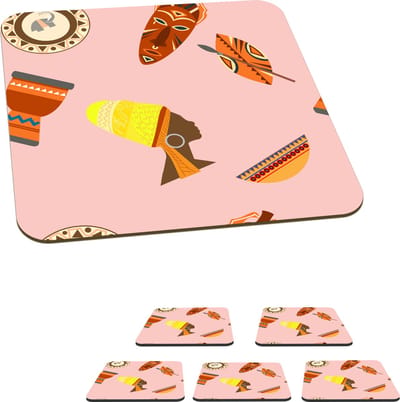 Onderzetters voor glazen - Afrika - Djembé - Patronen - Afrikaanse maskers - 10x10 cm - Glasonderzetters - 6 stuks