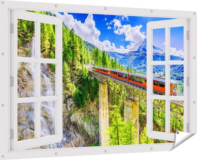 Gards Tuinposter Doorkijk Trein op een Brug bij een Waterval in Zwitserland - 180x120 cm - Tuindoek - Tuindecoratie - Wanddecoratie buiten - Tuinschilderij