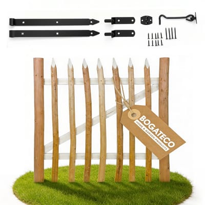 BOGATECO Tuinpoort Hazelnoot Rechtsdraaiend – Houten Tuinhek Poortje – Natuurlijk Gekloofd Hazelnoothout – 90 x 100 cm – Rustiek Hekwerk voor Moestuin en Erf