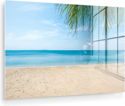 MuchoWow® Glasschilderij 120x80 cm - Schilderij acrylglas - Strand - Tropisch - Palm - Foto op glas - Muurdecoratie woonkamer - Wanddecoratie slaapkamer - Schilderijen