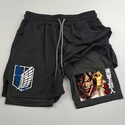 Anime Attack on Titan Print Heren Twee-in-Eén Dubbellaags Sport Fitness Casual Shorts L black