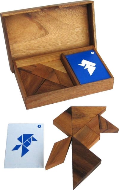 Tangram voor 2 spelers - houten legspel met 64 puzzels