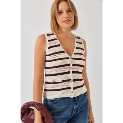 Streeppatroon V-hals Korte Vest met Knopensluiting