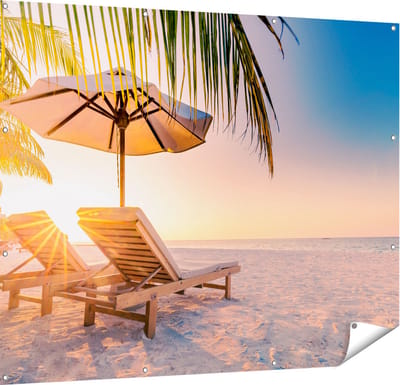 Gards Tuinposter Tropisch Strand tijdens Zonsondergang - 150x120 cm - Tuindoek - Tuindecoratie - Wanddecoratie buiten - Tuinschilderij