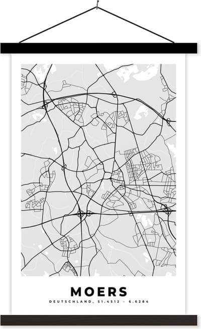 Posterhanger incl. Poster 40x60 cm - Schoolplaat - Kaart - Moers - Duitsland - Stadskaart - Plattegrond - Textielposter - Zwarte latten - Stadskaart
