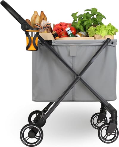 Famanu - Max Shopping Caddy Persoonlijke boodschappentrolley, opvouwbare boodschappentas met 4 wielen, vering, hoogteverstelling, voetrem, bekerhouder en modern design, tot 25 kg draagvermogen, grijs