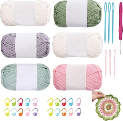 verpakking van 6 stuks, 400 g, T-shirt-garenset, breigaren, haakgaren, katoen, haakgaren voor beginners, voor Sca, haakgaren voor het maken van hoeden, sjaals enz. (roze-groen)