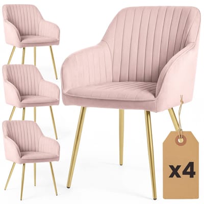 Set van 4 Eetkamerstoelen FLORENCE met Armleuningen / Gestoffeerde Stoelen / Fluwelen Stoelen en Metalen Poten / Poederroze met gouden benen