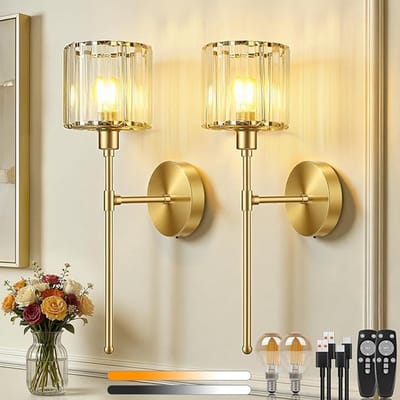 LED Wandlamp Oplaadbaar Draadloos - Set van 2 - Kristal Design - Zwart - 3 Kleurtemperaturen - Dimbaar met Afstandsbediening - Voor Slaapkamer, Woonkamer, Hal en Badkamer