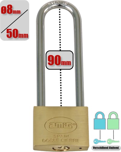 AMIG Hangslot Messing Ø8/50mm Extra Lange Beugel 90mm 2 Sleutels - Dubbel Slot Verschillend Zwaar