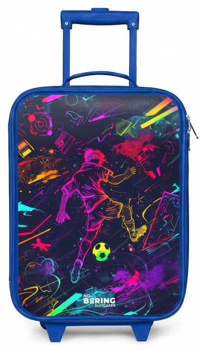 NoBoringSuitcases.com® - Kinderkoffer blauw - Kindertrolley jongen - Straatvoetbal in ruimtekleuren - Koffer kind lichtgewicht - Reiskoffer trolley voor kinderen - Koffertje met lichtgevende wieltjes - Rolkoffer