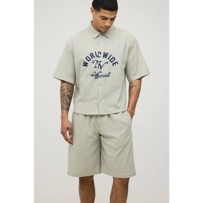 Overgeverfd Seersucker Bedrukt Oversized Boxy Shirt & Longline Baggy Short Set | Charcoal | Size XS