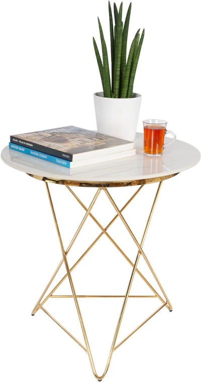 Casamoda Bijzettafel - Salontafel - Gouden Frame - Marmer - Stenen Tafelblad Rond - Zijtafel - L60 x B60 x H61 cm - Wit