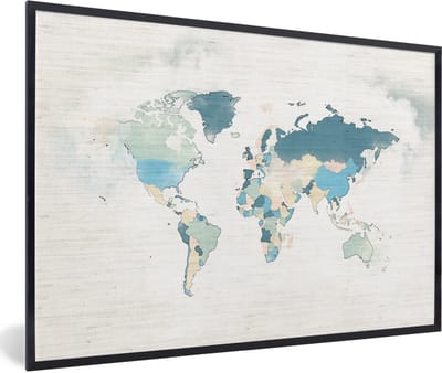 Poster in lijst - Fotolijst 90x60 cm - Posters - Wereldkaart - Pastel - Textiel - Posterlijst zwart - Decoratie - Wanddecoratie woonkamer - Muurdecoratie slaapkamer