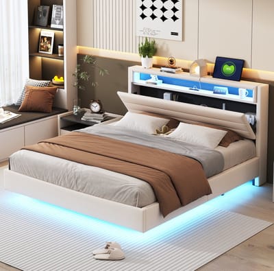 MEUNIQ gestoffeerd bed 160x200 cm met USB, LED-verlichting, opklapbaar hoofdbord met opbergruimte, lattenbodem, verborgen voeteneind, tweepersoons bed beige