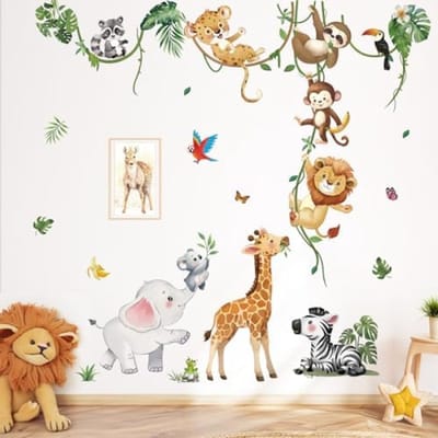 PromoHome Safari Dieren Muurstickers Set - 8 Vellen Jungle Dieren Klimmen Boom Giraffe Olifant Leeuw Babykamer Kinderkamer Muur Decoratie