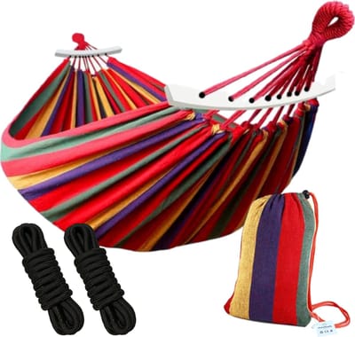 HSXL Dubbele Hangmat Rood met Spreidstok en Touwen - 1 of 2 Persoons - Lig Oppervlak 190x150cm - Lengte 260cm
