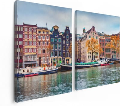 Artaza Canvas Schilderij Tweeluik Amsterdamse Huisjes Vanaf De Gracht - 120x80 - Foto Op Canvas - Canvas Print
