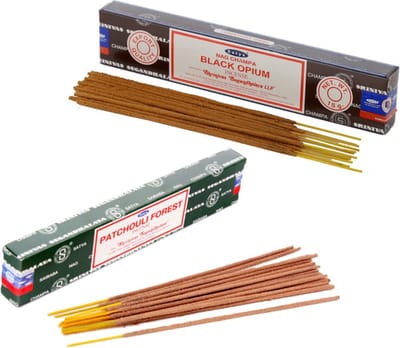Satya Wierook cadeaus set - 2x geurstokjes - Zwarte Opium en Patchouli Forrest geur - Meditatie