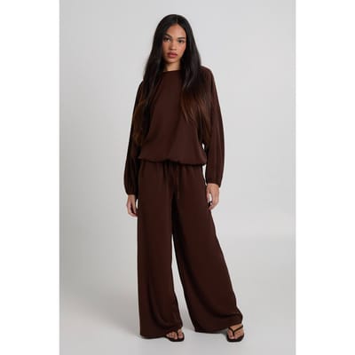 boohoo Dames Geweven Crepe Balloon Top en Wijde Pijp Broek Co-ord | Chocoladebruin | Maat: 34