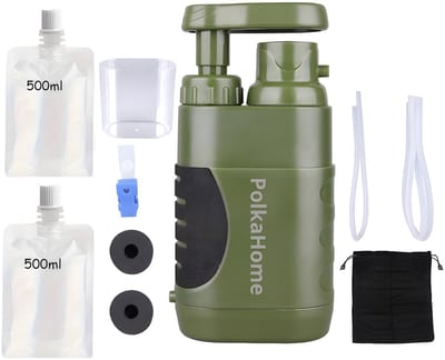PolkaHome Waterfilter 5000L – Outdoor Waterfilter Survival – Draagbaar Waterzuiveringsfilter – Inclusief 2x Opvouwbare Waterzak 500ml