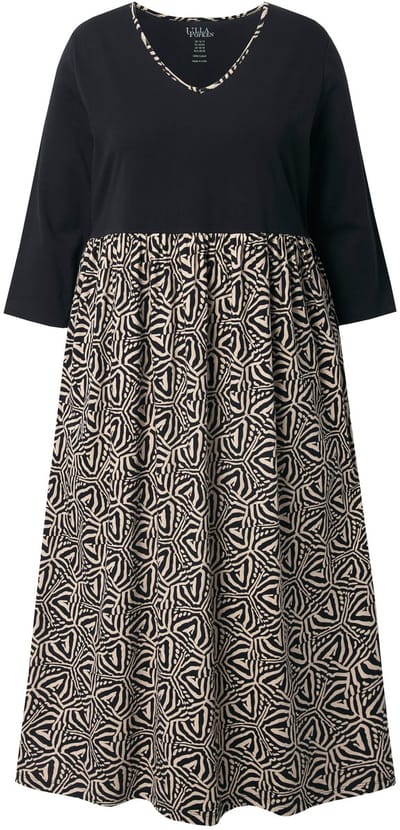 Ulla Popken - Dames - Jersey jurk A-lijn V-hals 3/4-mouw - Zwart - Maat 66+