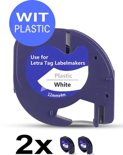 2 Stuks - Navulling Geschikt Voor Dymo LetraTag Labelprinter - dymo letratag navulling - Compatible Labels 91201 / S0721610 - Zwart op Wit Plastic - 12 mm x 4 m - Etiketten/Labeltape
