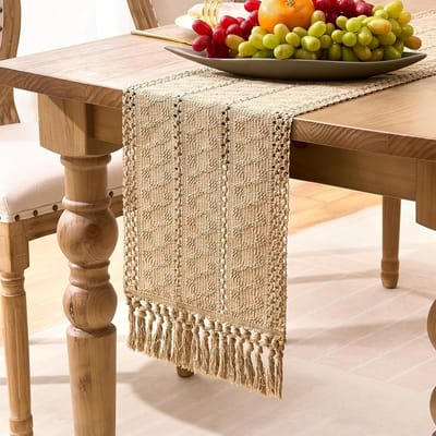 tafelloper, boho, bruin, met kwastjes, handgeweven, van katoen en linnen, rustiek, 30 x 180 cm, boerderijtafelloper voor salontafel, keuken, eetkamer, verjaardag