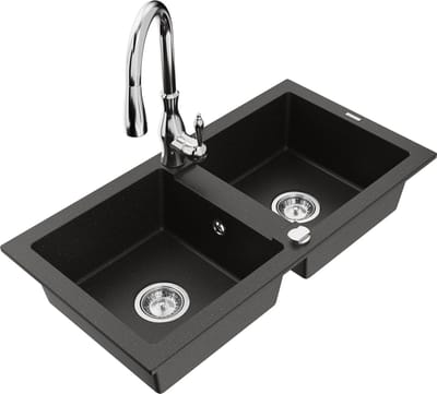 Mexen Mario granieten gootsteen 2-compartimenten met keukenmengkraan Savita, zwart/goud metallic - 6504-75-672601-00