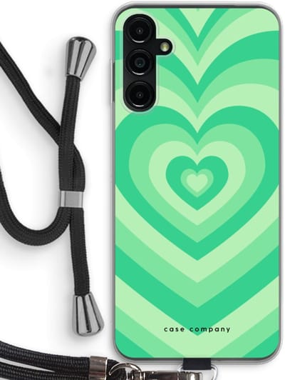 Case Company® - Hoesje met koord geschikt voor Samsung Galaxy A14 hoesje met Koord - Hart Groen - Telefoonhoesje met Zwart Koord - Bescherming aan alle Kanten en Over de Schermrand