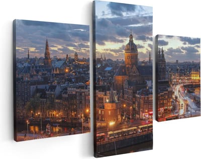 Artaza Canvas Schilderij Drieluik Amsterdam Centrum Luchtfoto Zonsondergang - 90x60 - Foto Op Canvas - Canvas Print