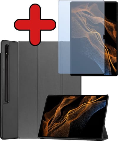 Hoes Geschikt voor Samsung Galaxy Tab S10 Ultra Hoes Book Case Hoesje Trifold Cover Met Uitsparing Geschikt voor S Pen Met Screenprotector - Hoesje Geschikt voor Samsung Tab S10 Ultra Hoesje Bookcase - Grijs