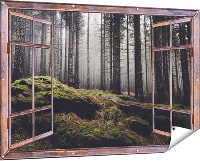 Gards Tuinposter Doorkijk Bos met Mos op Rotsen - 150x100 cm - Tuindoek - Tuindecoratie - Wanddecoratie buiten - Tuinschilderij