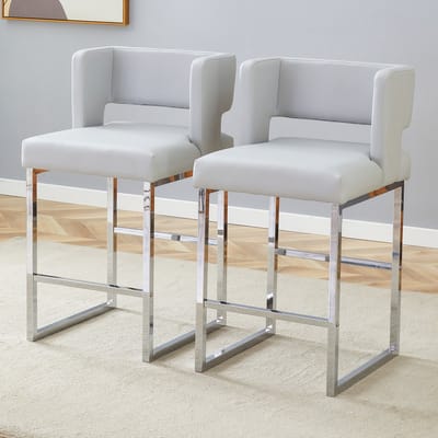 REDOM - Barkruk - Vierkante Zitting - Noordse Stijl - Metaal En PU - Lichtgrijs En Zilver - 91,4 cm
