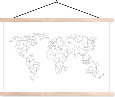 Wereldkaart van lijnen schoolplaat platte latten blank 150x100 cm - Foto print op textielposter (wanddecoratie woonkamer/slaapkamer)