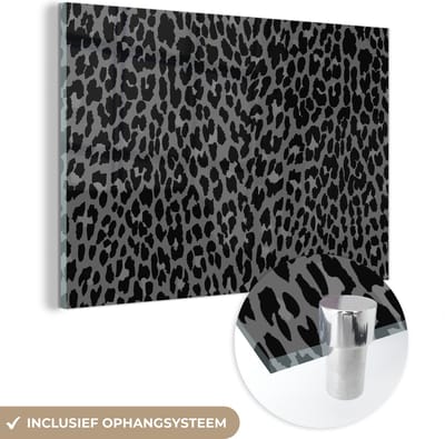 MuchoWow® Glasschilderij 60x40 cm - Schilderij acrylglas - Panterprint - Patroon - Grijs - Foto op glas - Schilderijen