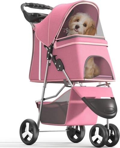 Huisdier Kinderwagen - Reisdrager - Comfortabel Reizen - Opvouwbaar 3-wiel - Tot 15 kg - Roze